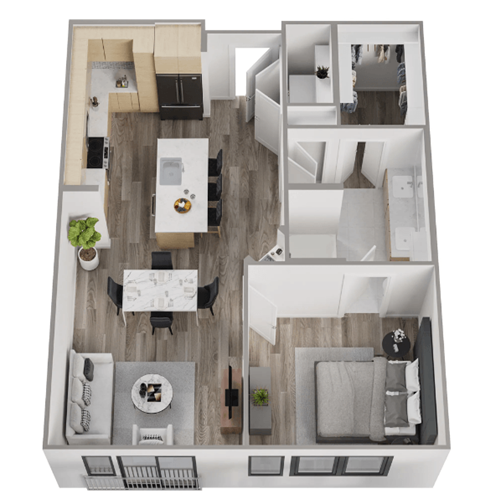 a 3d floor plan of a residence with a bedroom and living room